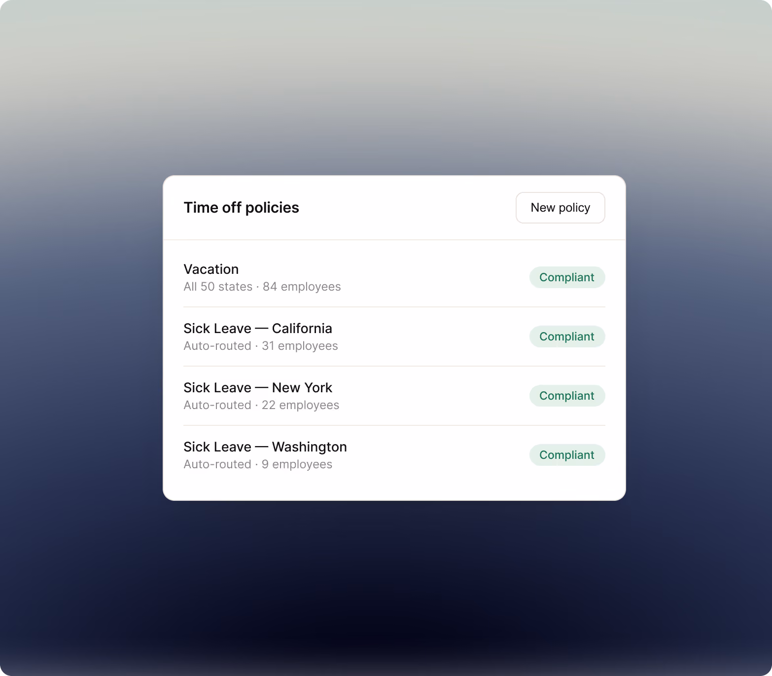 Time off policies list showing a vacation policy for all 50 states and auto-routed state sick leave policies, all compliant