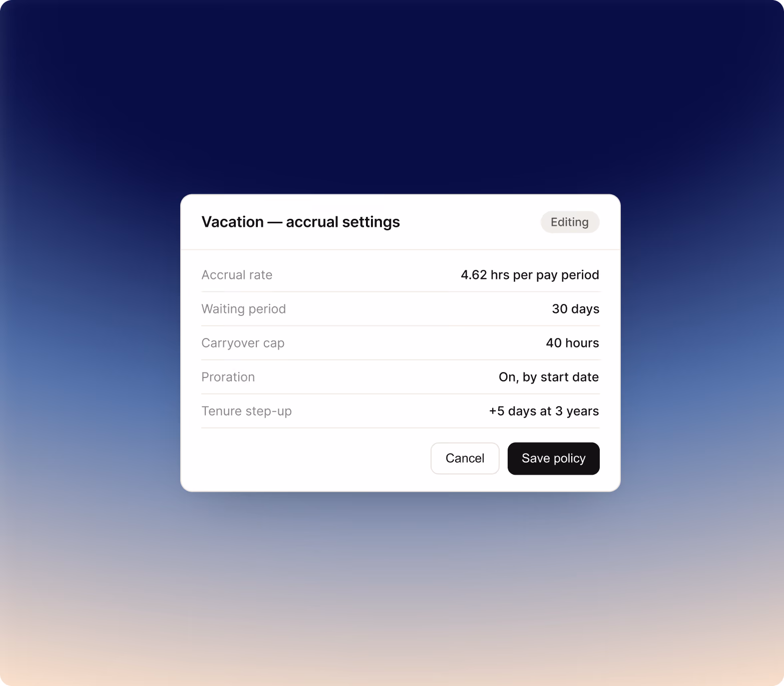 Vacation accrual policy settings with per-pay-period accrual, waiting period, carryover cap, proration, and tenure step-up