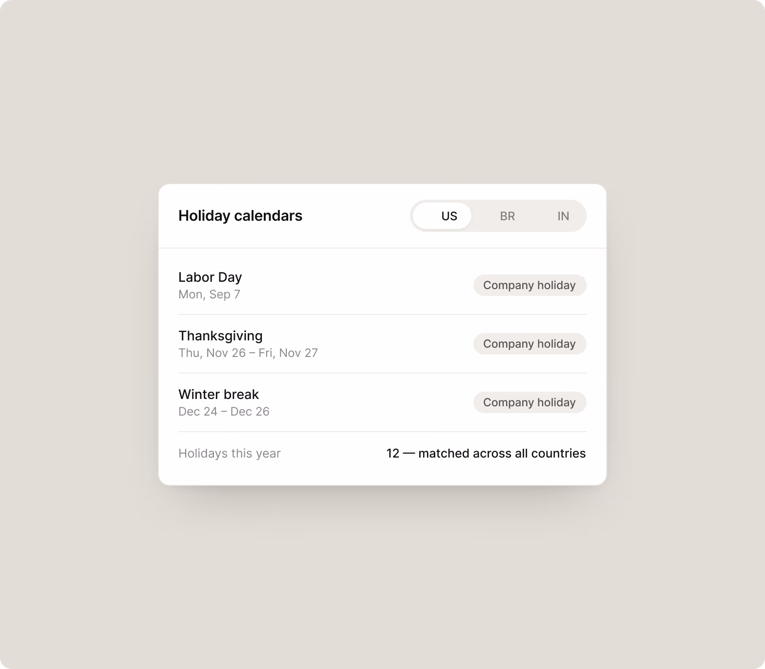 Holiday calendars by country with matched holiday counts across a global workforce