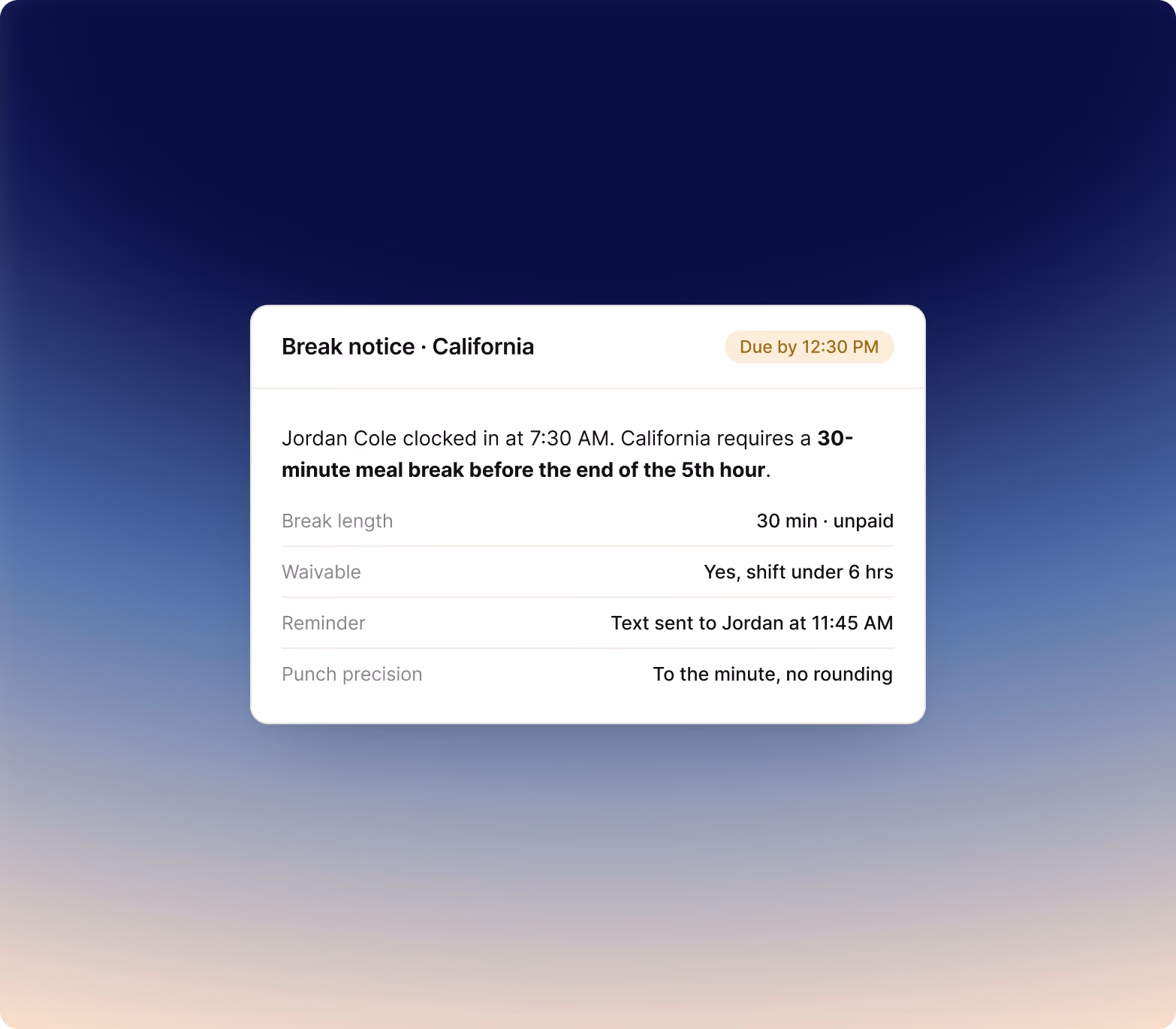 California meal break notice showing the required break window, length, waiver eligibility, and reminder text