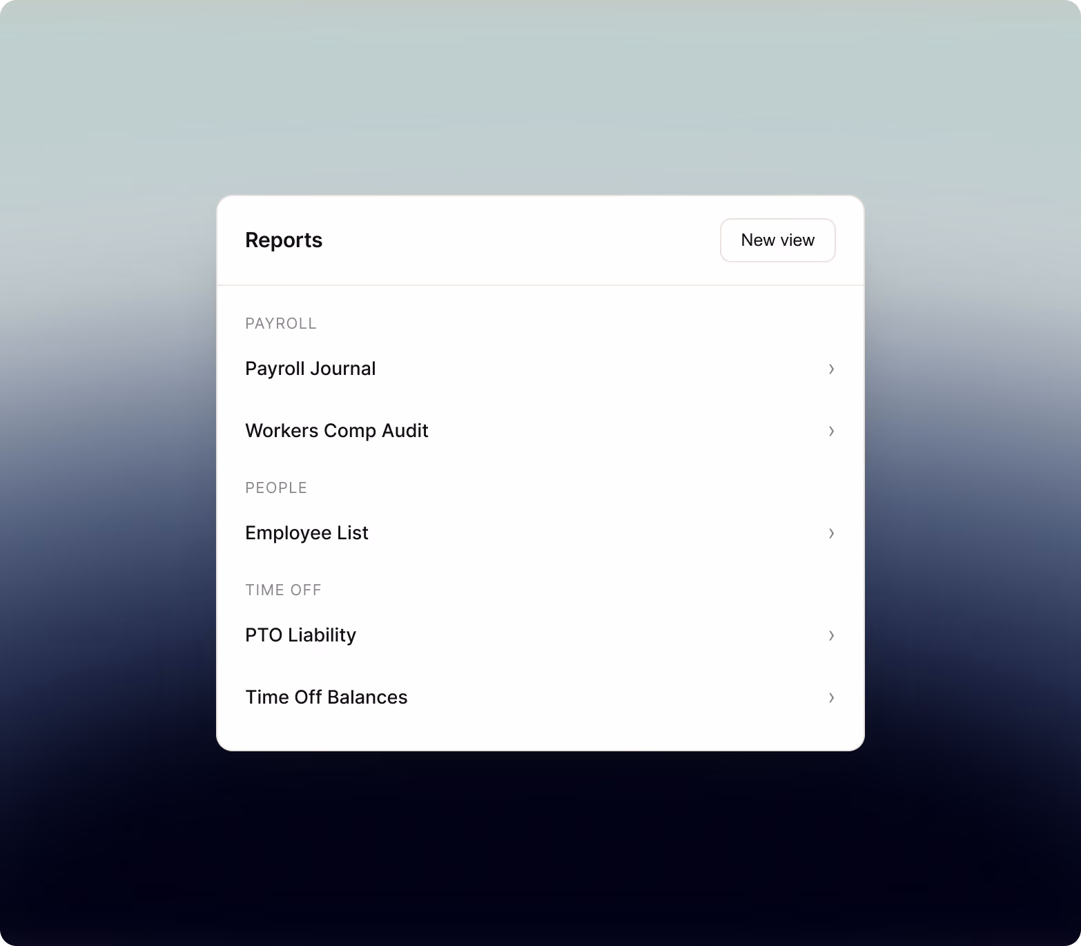 Reports library grouped by payroll, people, and time off with standard reports ready on day one