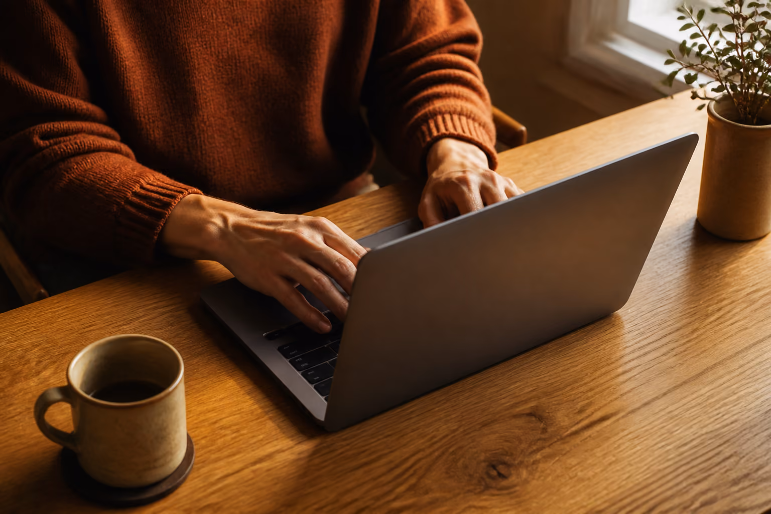 Person in brown sweater typing on a laptop at a wooden desk with coffee and a potted plant.