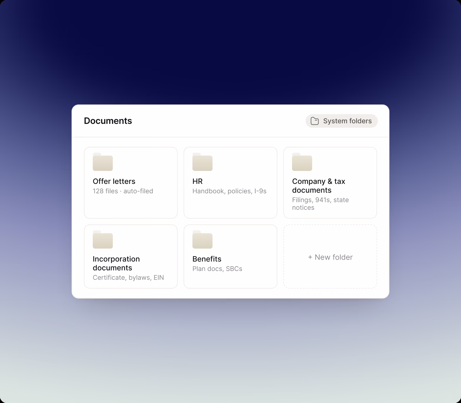 Documents view with system folders for Offer letters, HR, Company and tax documents, Incorporation documents and Benefits, plus a New folder tile.