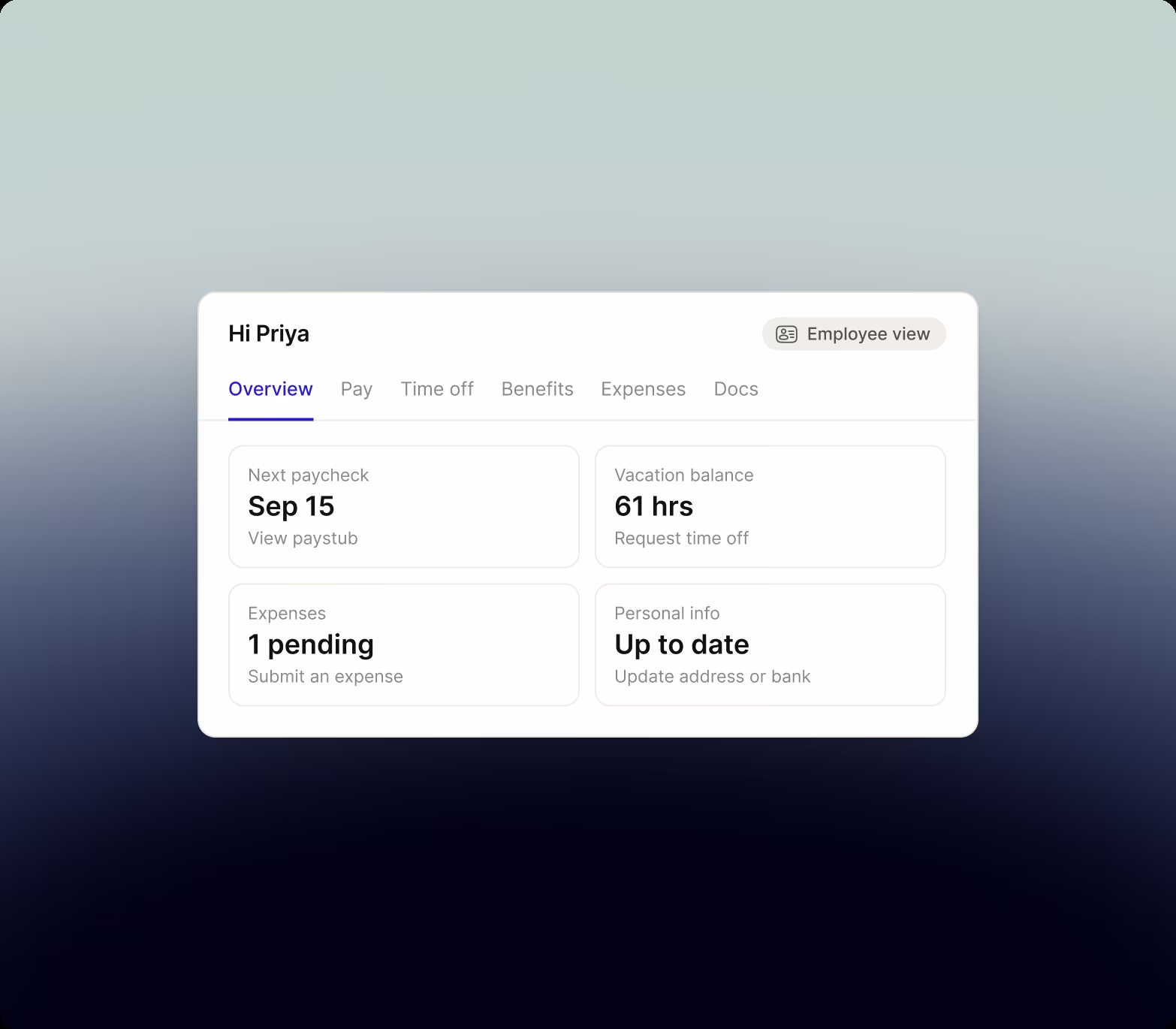 Employee self-service overview with tabs for Pay, Time off, Benefits, Expenses and Docs, and tiles for next paycheck, vacation balance, pending expenses and personal info, each with an action the employee can take.