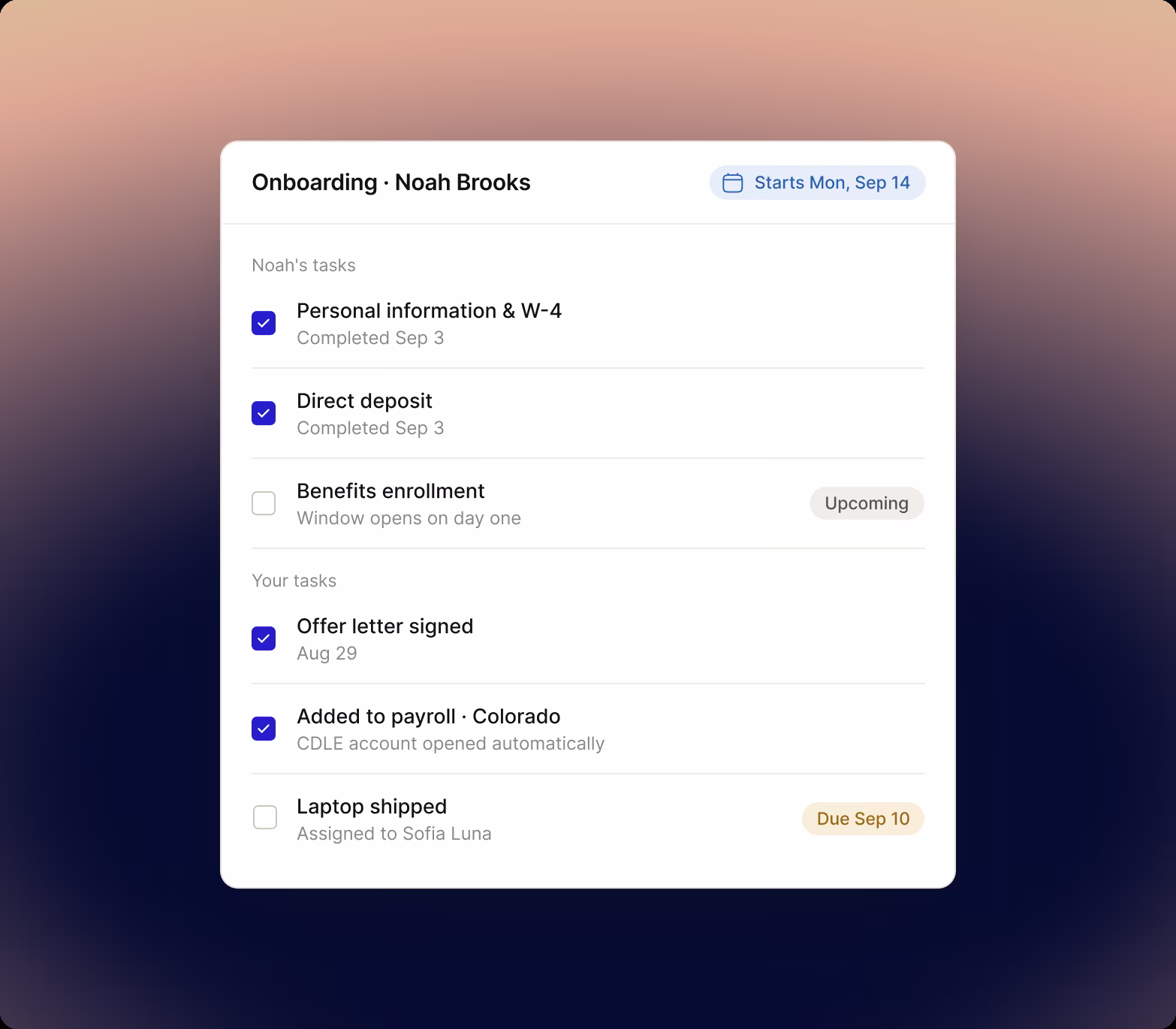Onboarding checklist for a new hire starting September 14, with the employee's tasks and the employer's tasks listed together, most checked complete, benefits enrollment upcoming and a laptop shipment due.