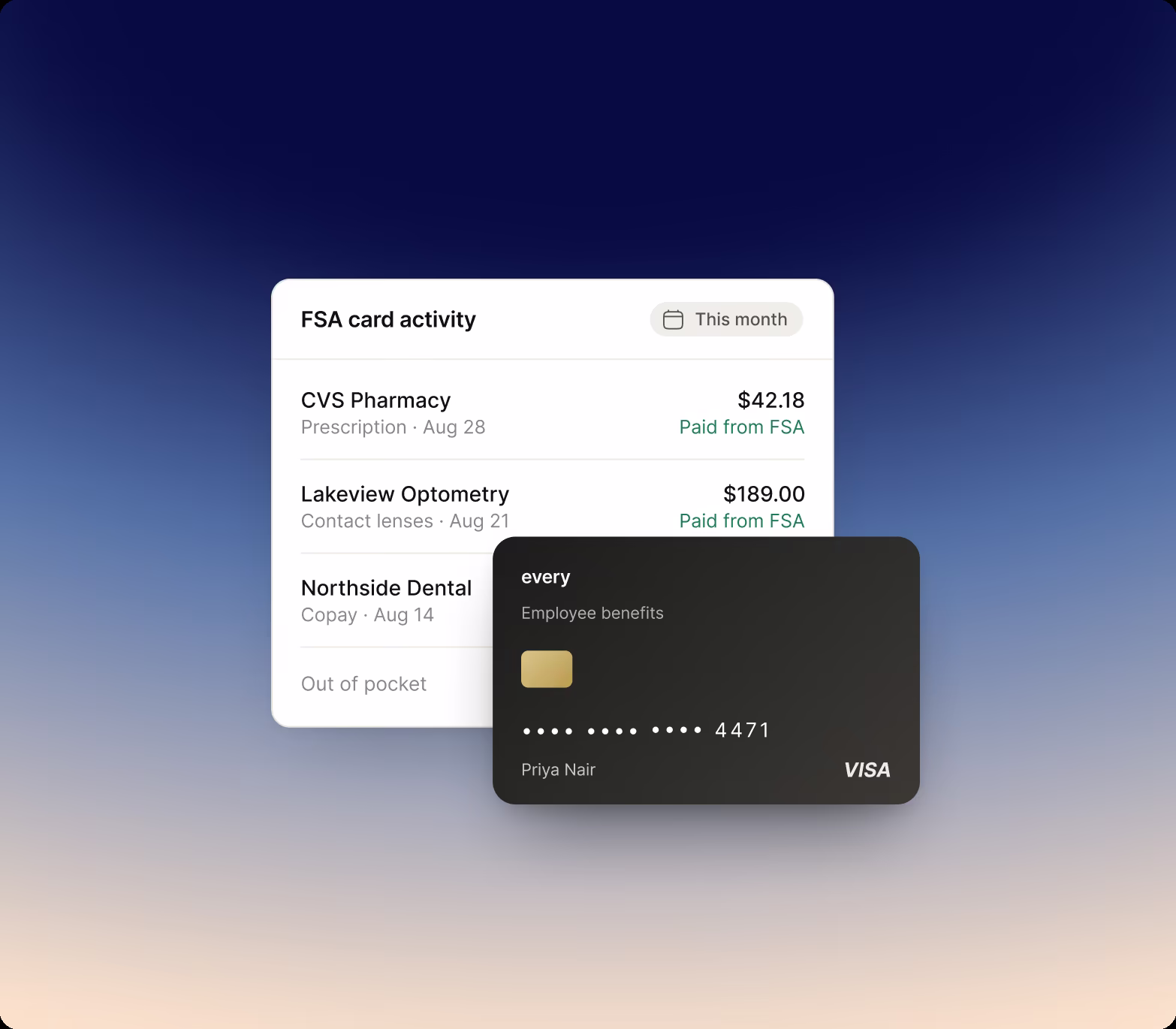 FSA card activity list with pharmacy, optometry and dental charges each marked Paid from FSA, and a black Every employee benefits Visa card overlapping the panel.