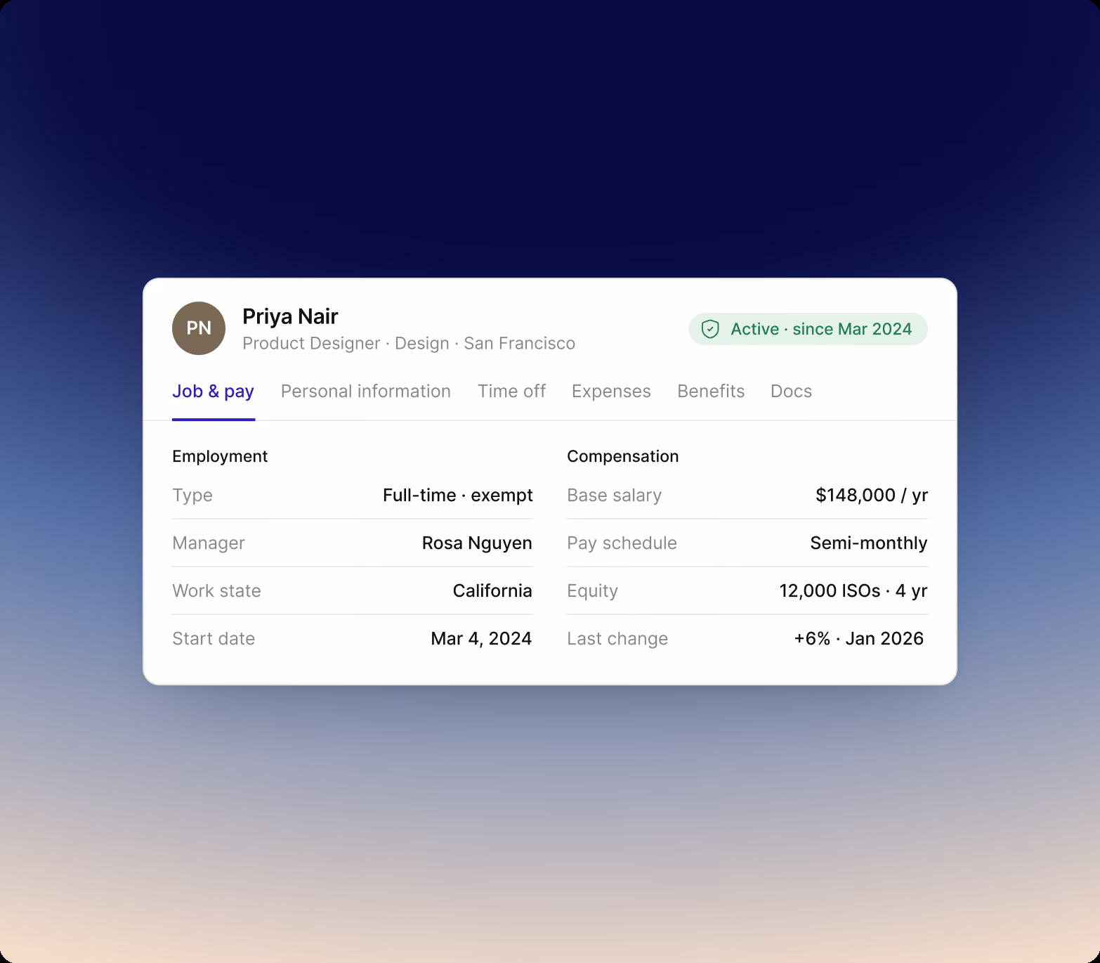 Employee profile for a product designer with tabs for Job and pay, Personal information, Time off, Expenses, Benefits and Docs, showing employment details on the left and compensation, pay schedule and equity on the right.