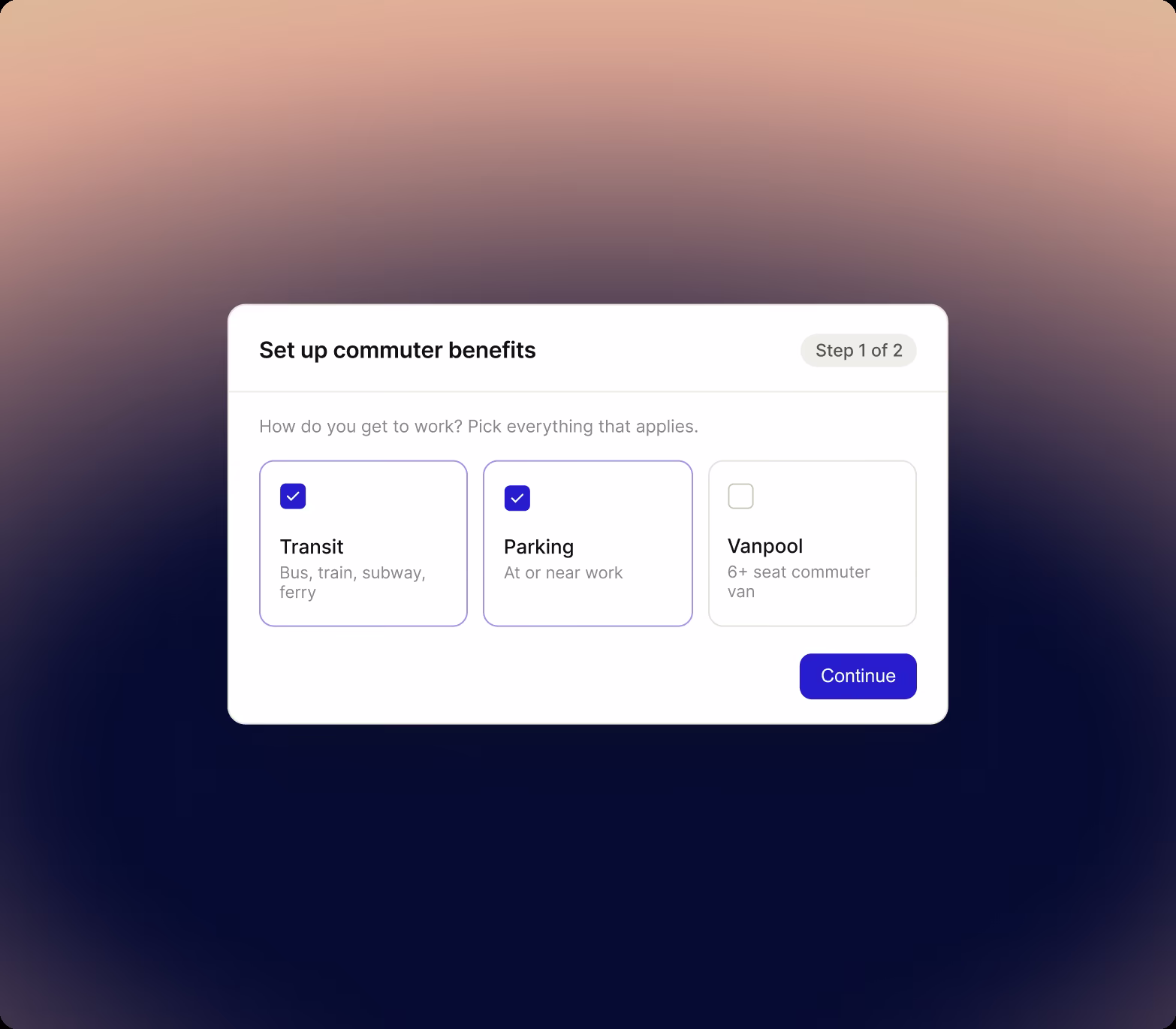 Set up commuter benefits step showing three selectable options, Transit, Parking and Vanpool, with Transit and Parking checked and a Continue button.