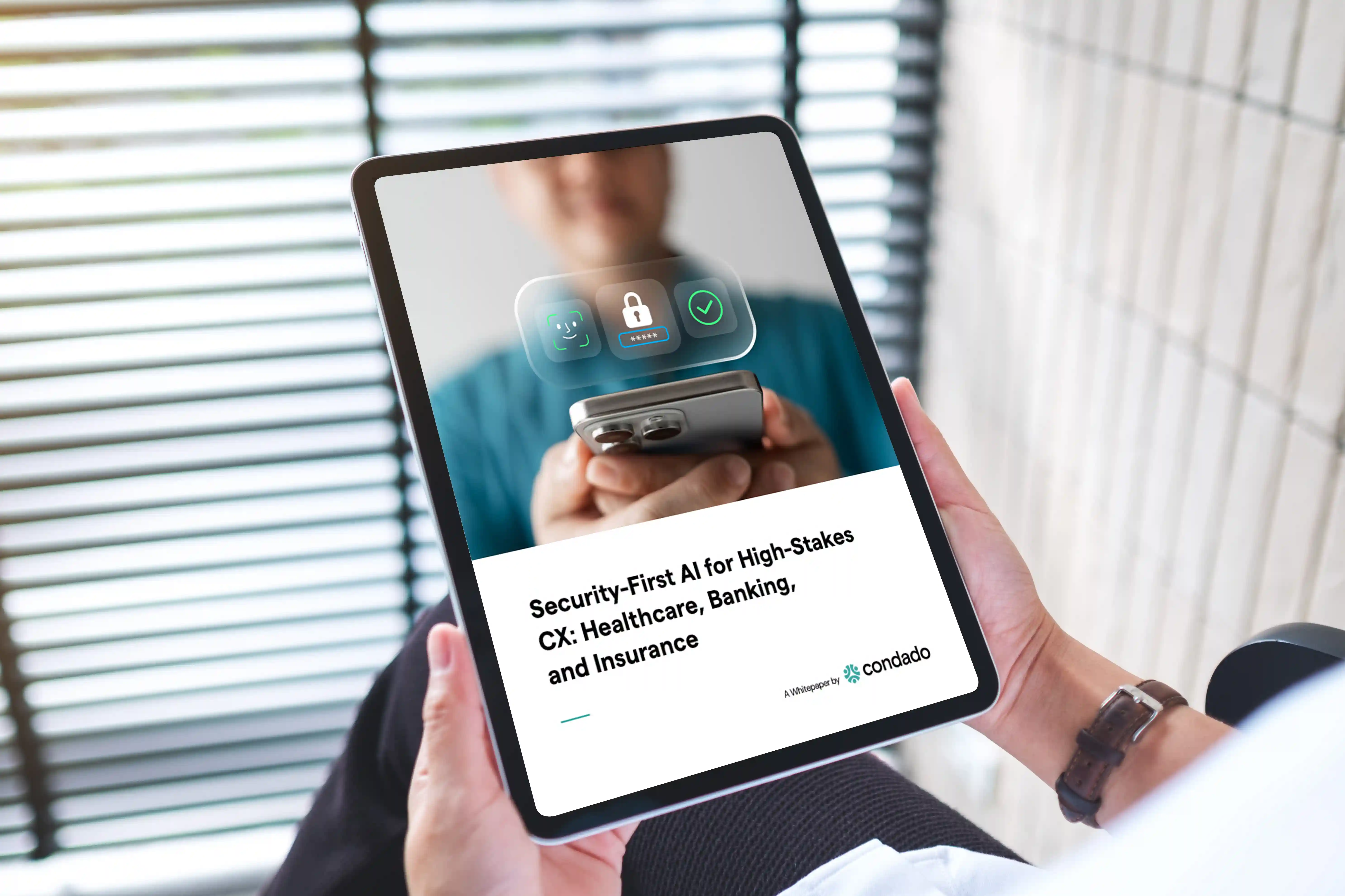 Person holding a tablet displaying a whitepaper titled 'Security-First AI for High-Stakes CX: Healthcare, Banking, and Insurance' with a security interface graphic.