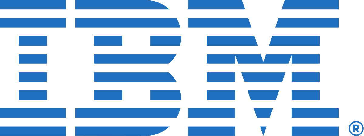 IBM logo with bold blue letters and horizontal stripes.