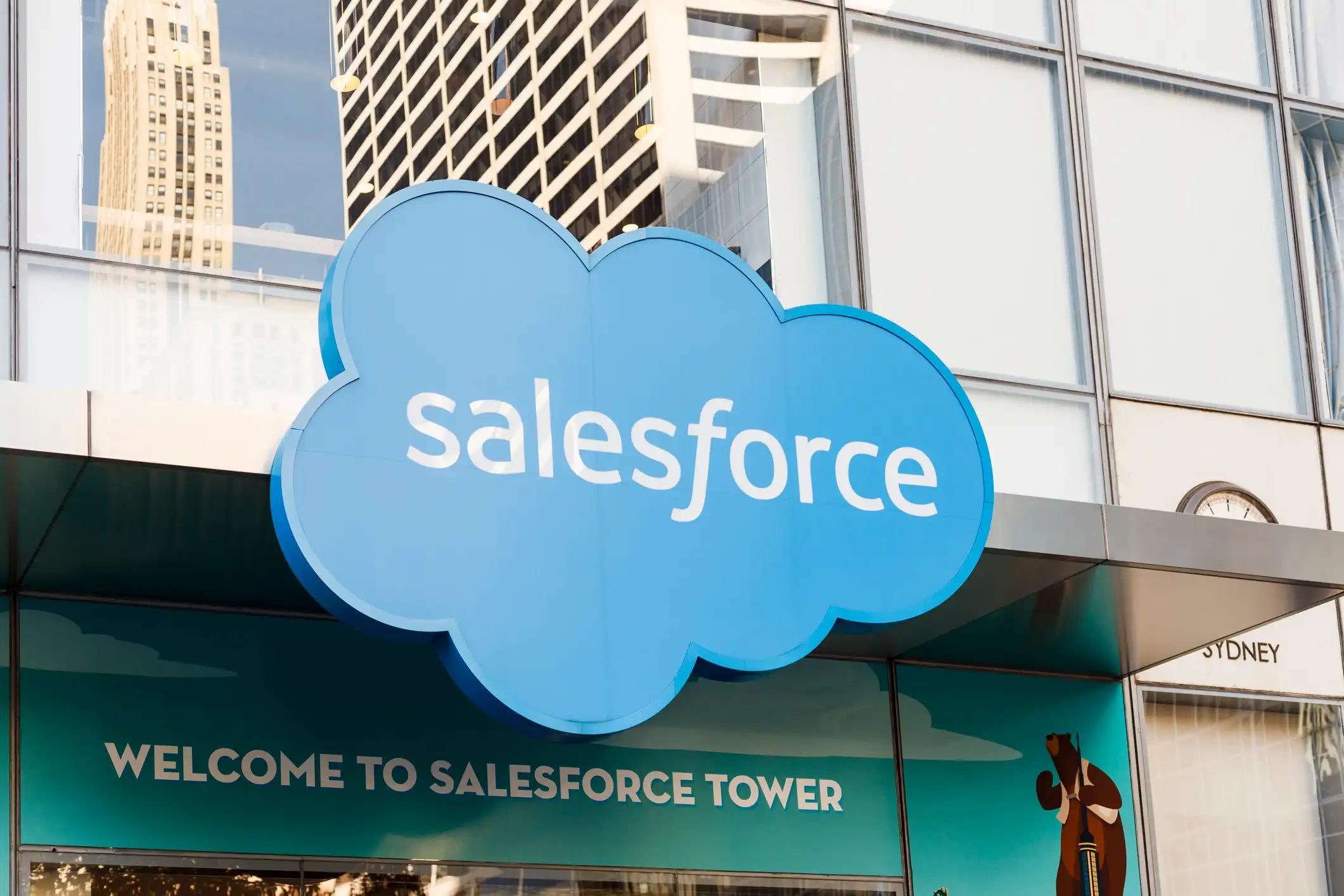 Salesforce Tower building with the Salesforce logo displayed on the exterior