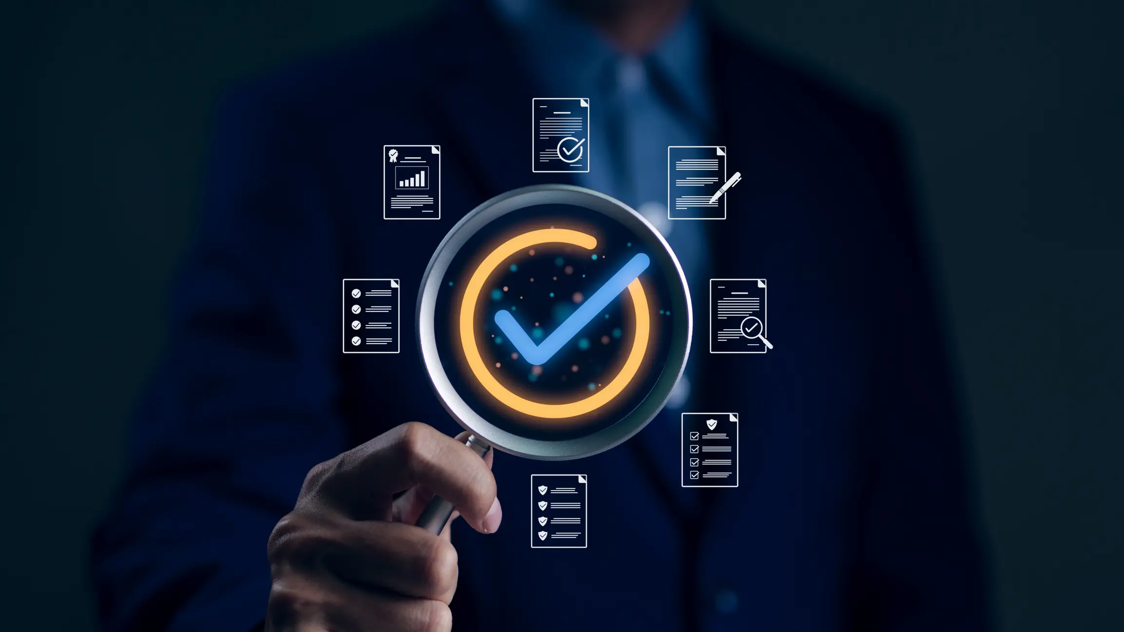 A business professional holding a magnifying glass over a glowing checkmark, surrounded by document and checklist icons, representing compliance, auditing, or quality assurance.