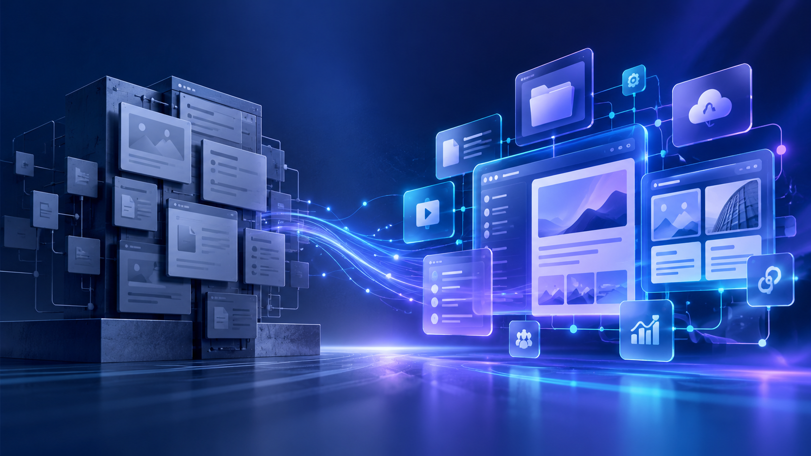 Legacy CMS architecture transitioning to a modern, interconnected content management platform.