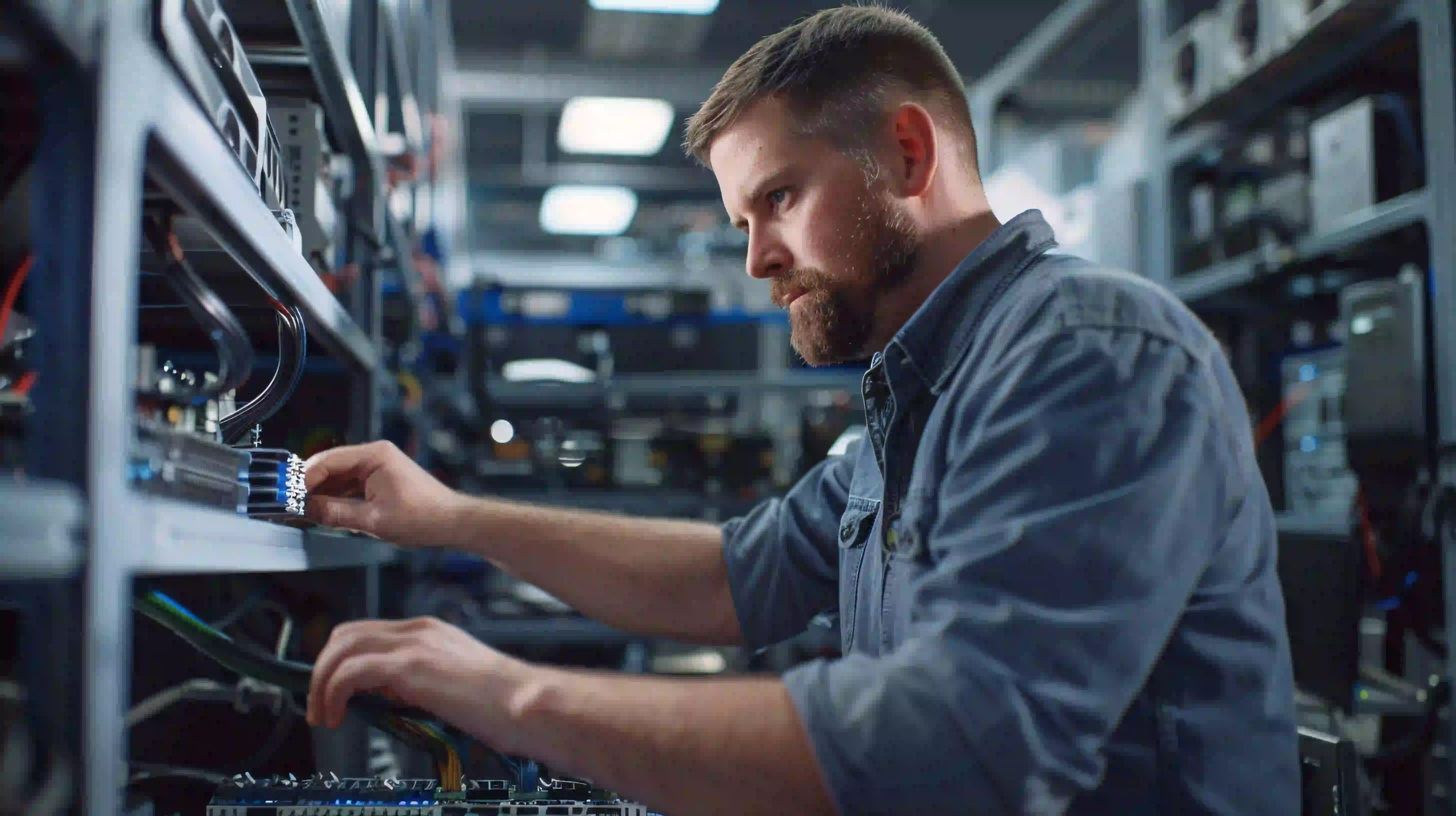 IT technician configuring network equipment and server infrastructure in a data center.