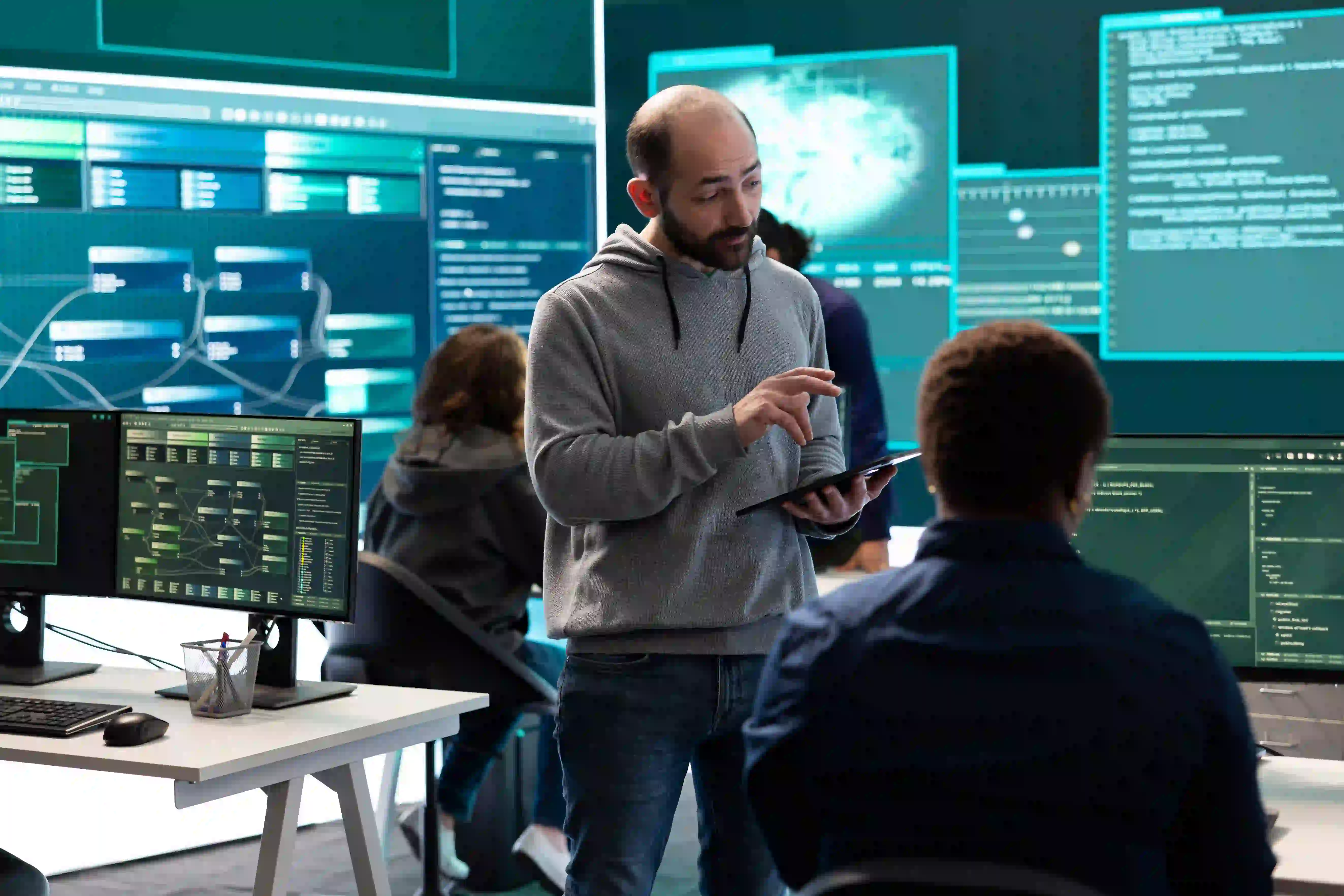 Cybersecurity team monitoring digital surveillance systems in a control room.