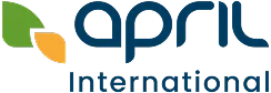 Logo d'April International avec une feuille verte et une feuille orange stylisées.