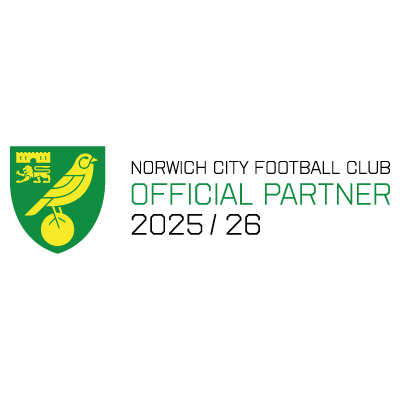Norwich City Football Club logo with text reading official partner 2025/26.