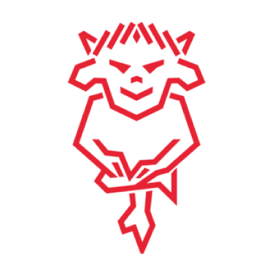 Abstract red line art of a playful devil figure with a mischievous smile.