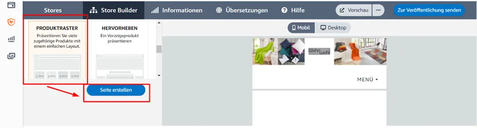 Screenshot des Amazon Store Builders mit hervorgehobener Option „Produktraster“ zur Präsentation mehrerer Produkte in einem einfachen Layout. Der Button „Seite erstellen“ ist ebenfalls markiert. Im Hintergrund ist eine Vorschau des Store-Layouts mit Produktbildern und Navigationsmenü sichtbar.