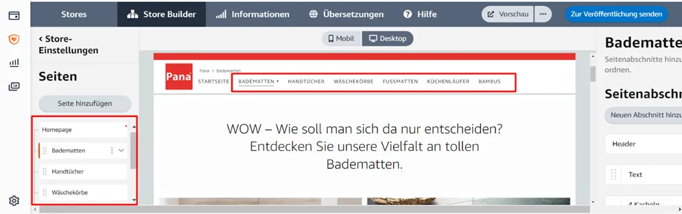Screenshot des Amazon Store Builders mit geöffnetem Seitenmenü auf der linken Seite. Die Unterseiten „Badematten“, „Handtücher“ und „Wäschekörbe“ sind sichtbar. Im oberen Bereich ist eine Navigationsleiste mit weiteren Kategorien wie „Fußmatten“ und „Küchenläufer“ zu sehen. In der Mitte der Seite wird eine Überschrift präsentiert, die zur Entdeckung verschiedener Badematten einlädt. Oben rechts befindet sich der Button „Zur Veröffentlichung senden“.