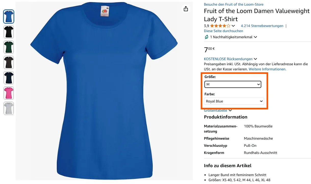 Amazon-Produktseite für ein Fruit of the Loom Damen Valueweight Lady T-Shirt in der Farbe Royal Blue. Dropdown-Menüs zur Auswahl der Größe und Farbe sind hervorgehoben. Weitere verfügbare Farben sind links als Vorschaubilder sichtbar.