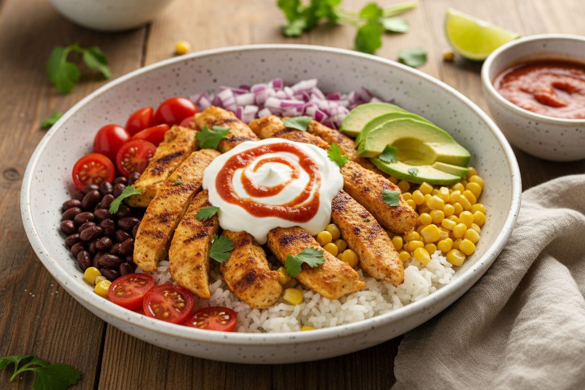 Mausteinen kanaburritokulho on helppo ja täyttävä tex mex -arkiruoka, joka koataan höyryävän riisin, mehevien kanasuikaleiden ja raikkaiden lisukkeiden varaan.