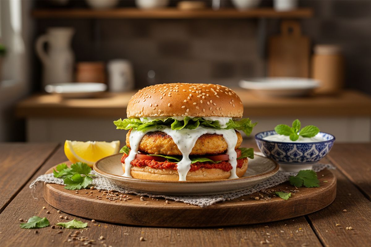 Mehevä marokkolainen kanaburgeri aromaattisilla mausteilla ja raikkaalla jogurttikastikkeella – helppo ja herkullinen arkiruoka koko perheelle.