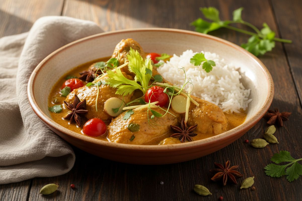 Täyteläinen intialainen kanamuhennus kookoskermalla, currynlehdillä ja aromaattisilla mausteilla – helppo ja herkullinen arkiruoka koko perheelle.