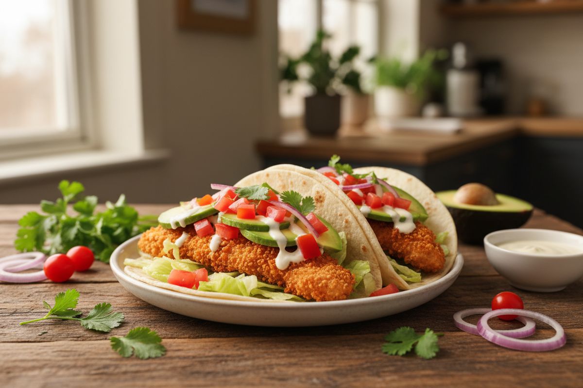 Rapeat, kullanruskeat kanapalat salaattipohjalla ja kermaisella kastikkeella – helppo ja herkullinen arki-illan tacoateria koko perheelle.