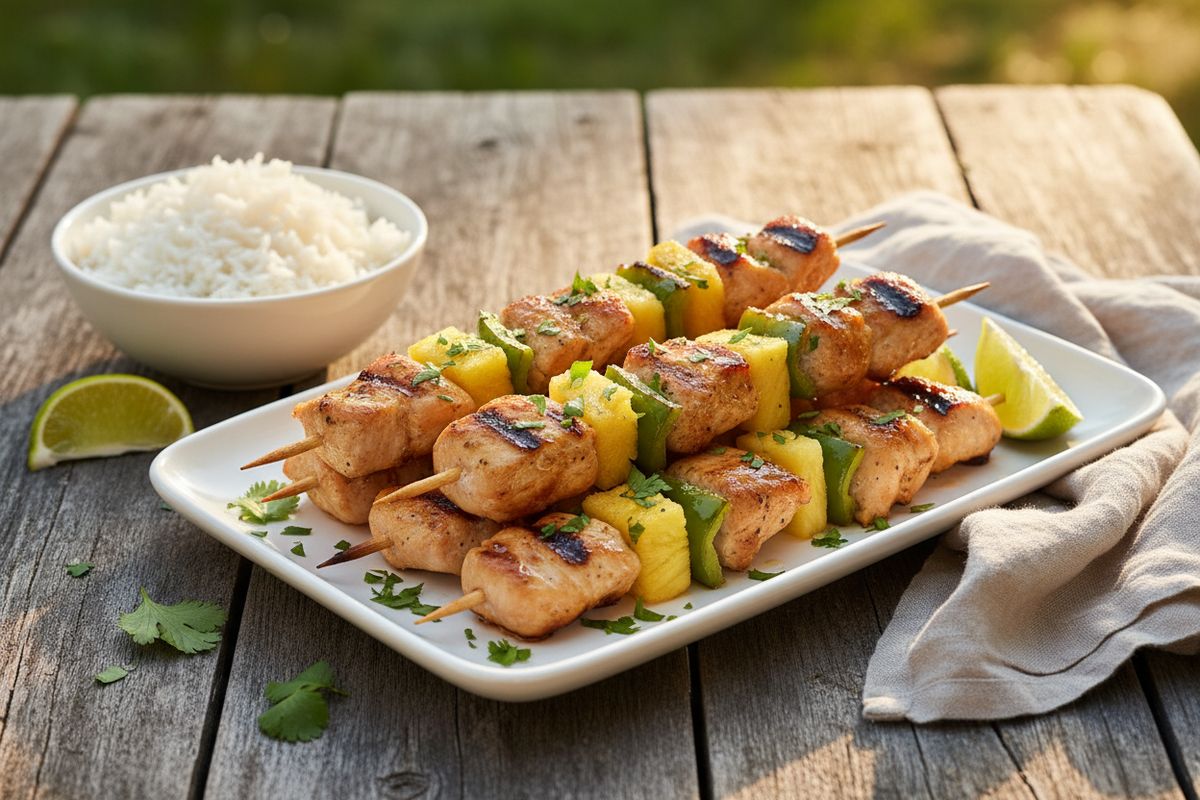 Mehevät kanavartaat marinoidaan raikkaassa limemarinadissa ja grillataan ananaksen ja vihreän paprikan kanssa – helppo ja herkullinen perheen grilliherkku.