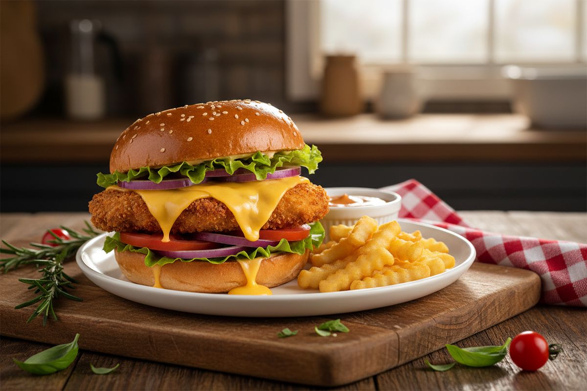 Rapea leivitetty kanafileepihvi ja sulanut cheddar-juusto yhdistyvät ihanan mehevässä kotitekoisessa kanaburgerireseptissä.