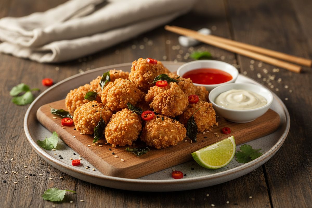 Rapeaksi friteeratut vietnamilaiset popcorn-kanapalat marinoituna soijalla, inkiväärillä ja thai-basilikalla – helppo ja herkullinen arki- tai juhlaruoka.