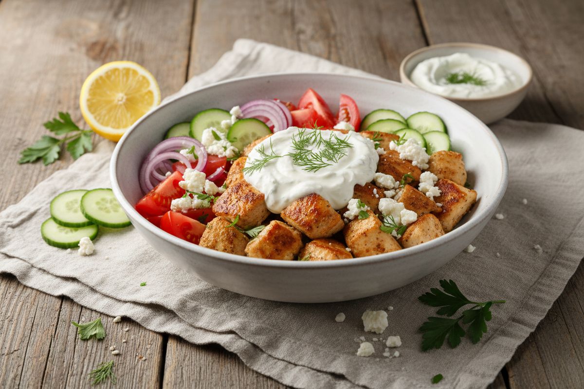 Mehevä kreikkalainen kanakulho tuoreilla kasviksilla, feta-juustolla ja kotitekoisella tsatsikilla – helppo ja terveellinen arkiruoka koko perheelle.