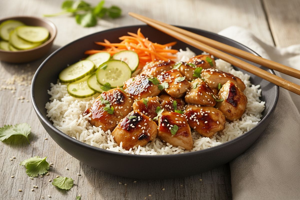 Mehevä teriyaki-kanabowl kotitekoisella marinadilla, pikkelöidyillä kasviksilla ja basmatiriisillä – arjen japanilainen herkku koko perheelle.