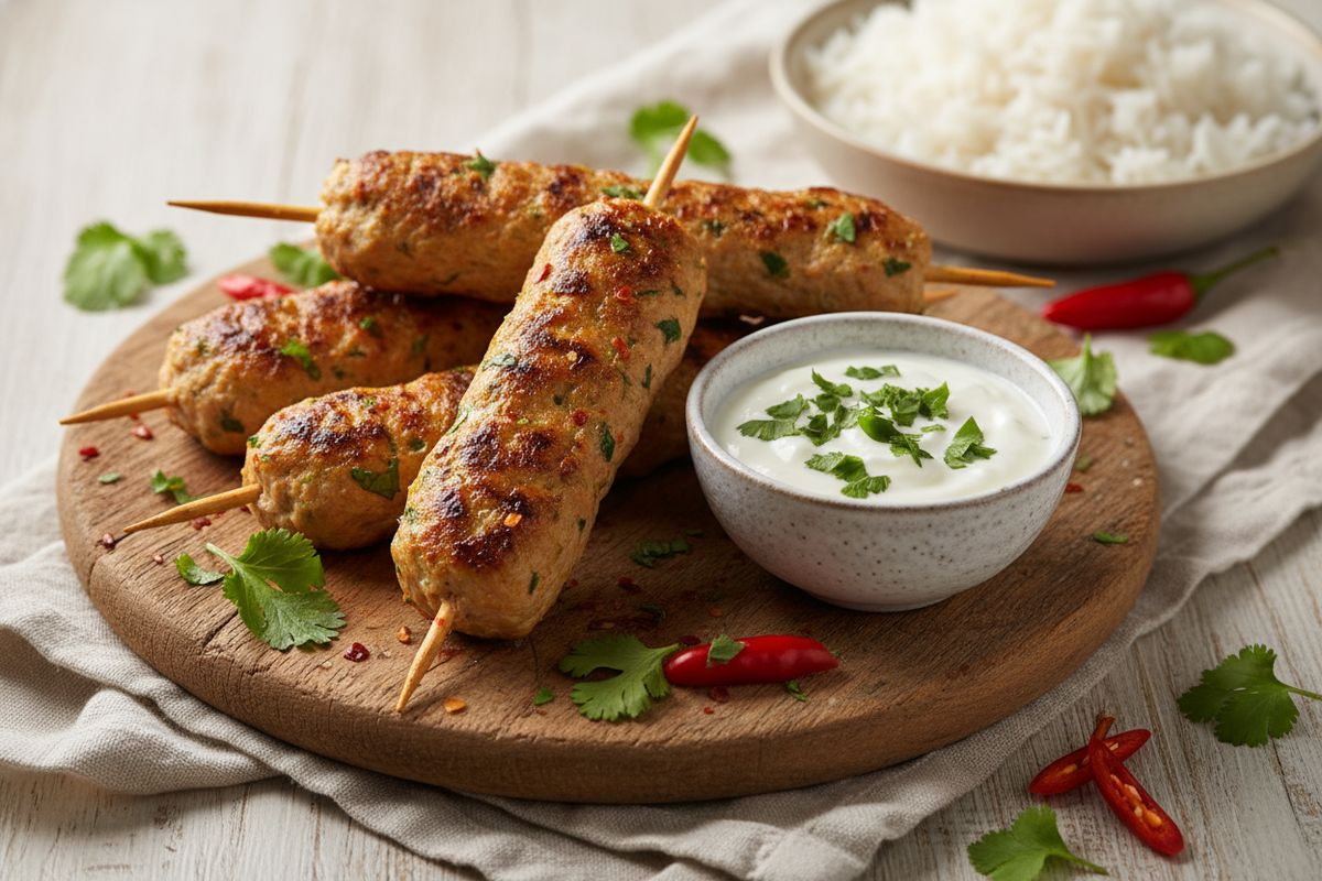 Mehevät broilerikebab kofta -tikut garam masalalla ja inkiväärillä maustettuna – helppo ja maukas arkiruoka jogurttikastikkeen kera.