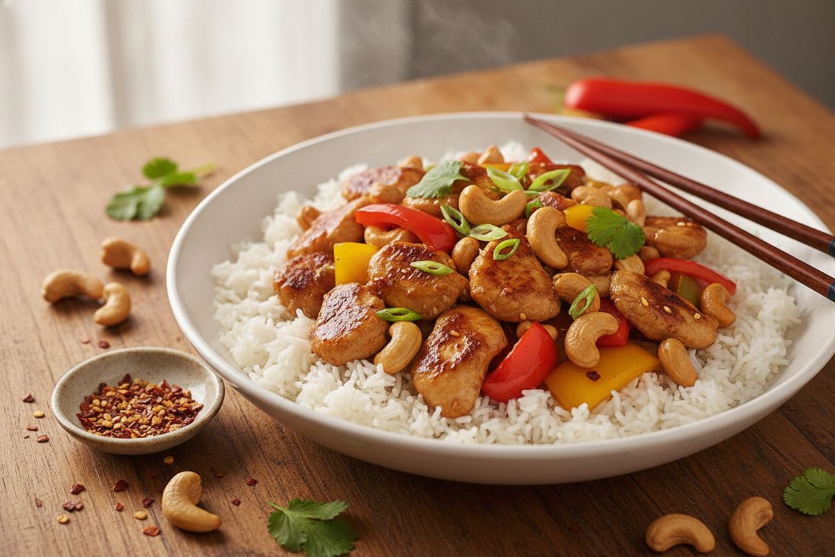 Helppo ja maukas cashew-kana wok rapeiden pähkinöiden ja aromirikkaiden kasvisten kera – täydellinen arki-illan kanaillallinen koko perheelle.