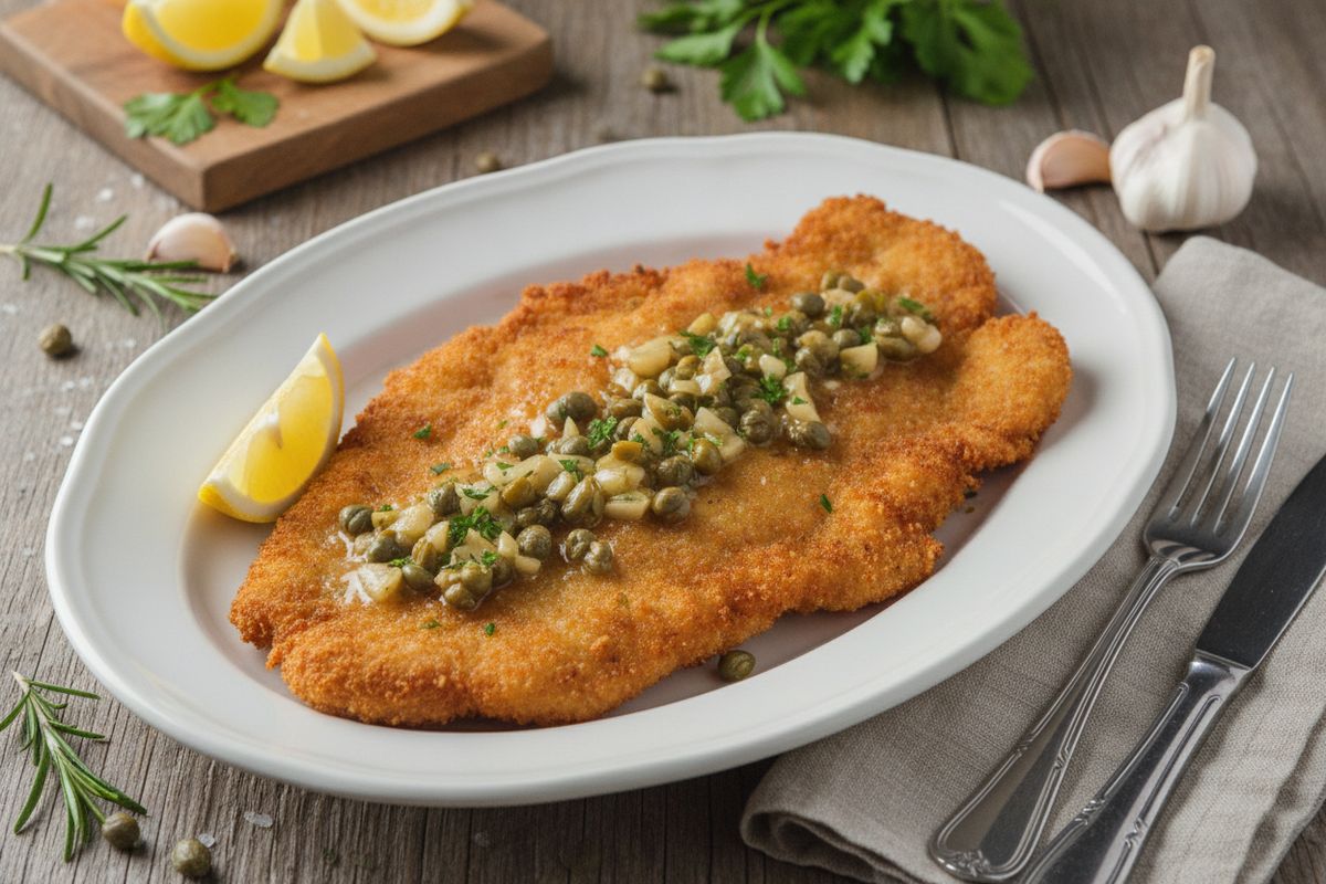 Rapea kanaschnitzel valkosipulisella kapriskastikkeella on nopea ja herkullinen arkiruoka koko perheelle.