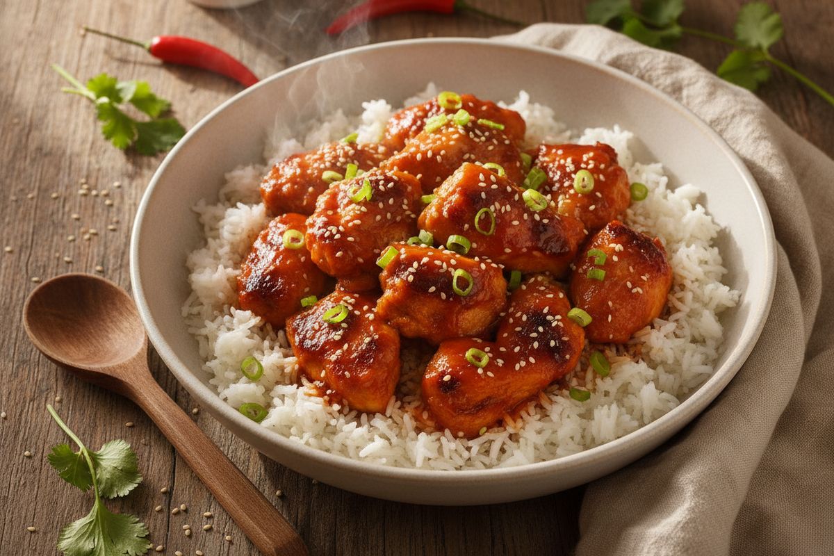 Mehevä sriracha-kana tulisella hunajaisella kastikkeella tarjoiltuna höyryävän riisin kera – nopea ja maukas arkiruoka koko perheelle.