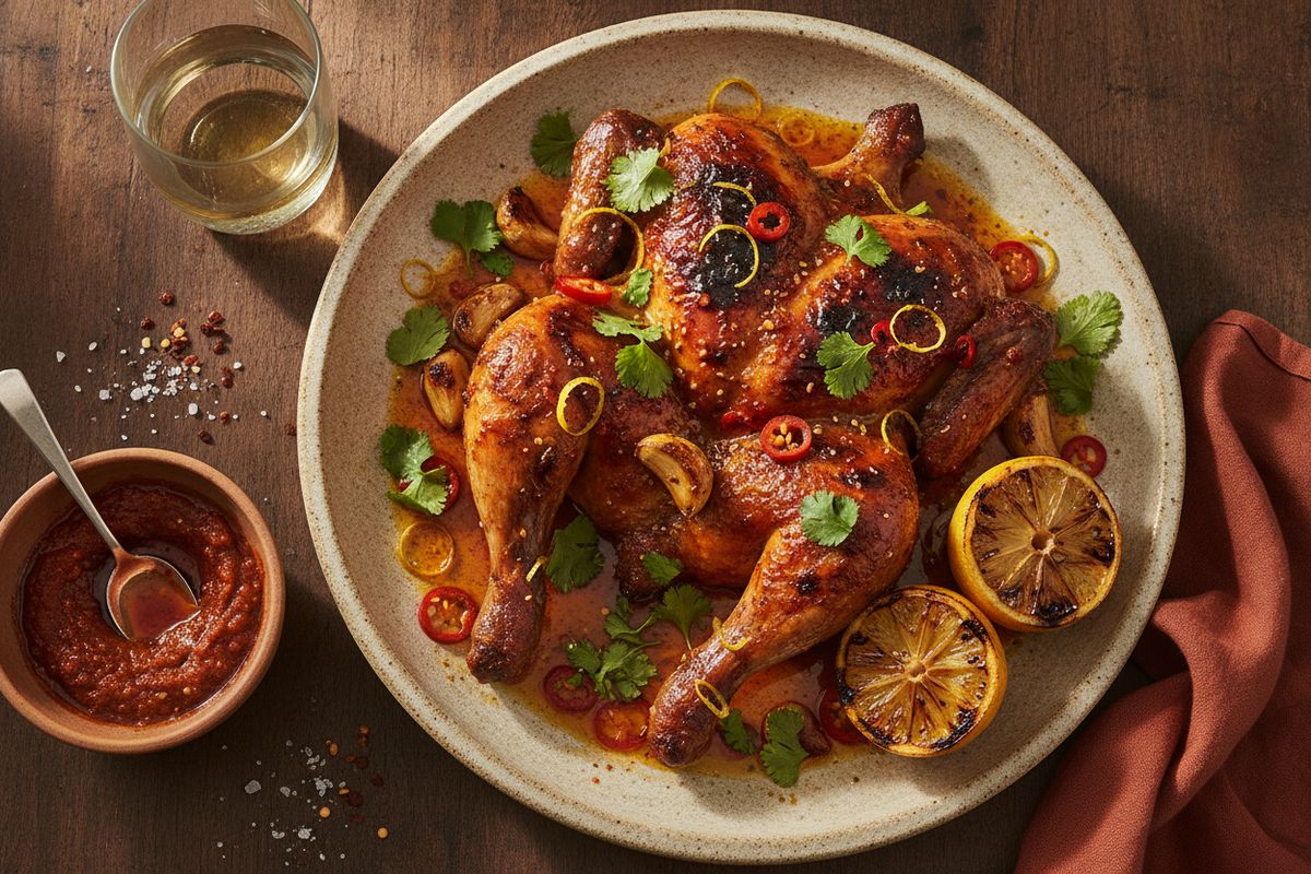 Aito portugalilainen piri piri -kana tulisella chili-sitruunamarinadilla — helppo ja mehevä uuni- tai grilliherkku koko perheelle.