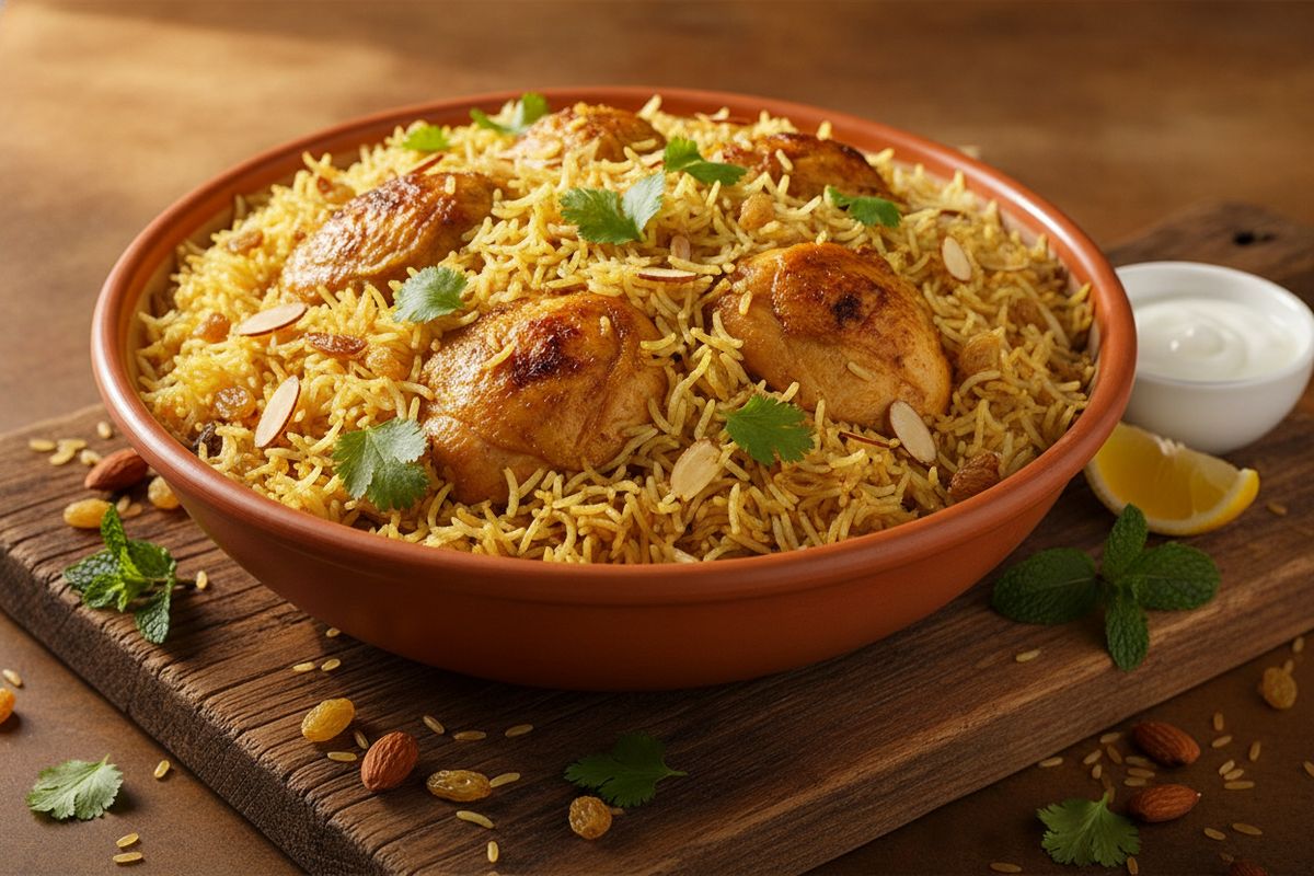 Aromikas kana-biryani valmistuu mehevästä broilerista, kuohkeasta basmatiriisistä, sahramista ja lämpimistä mausteista – ihastuttava intialainen kanapata koko perheelle.