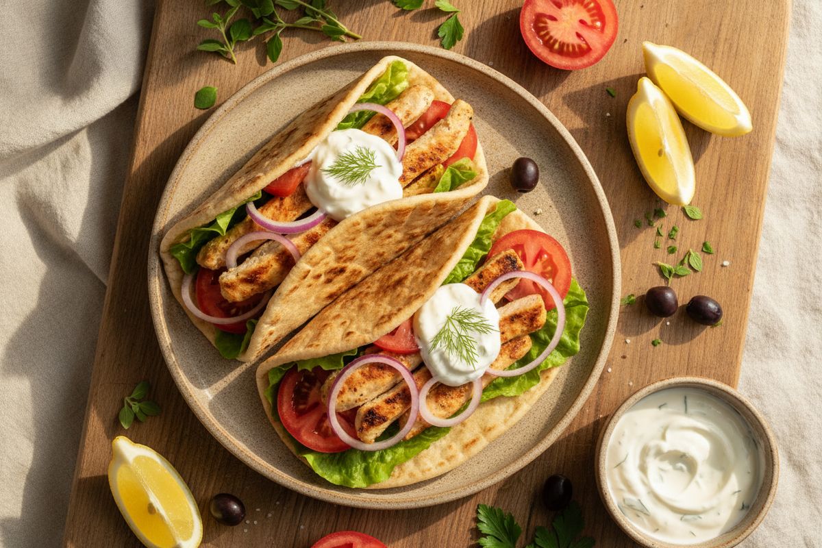 Helppo ja maukas kanagyros kreikkalaisella marinadilla, kotitekoisella tzatzikinä ja raikkailla kasviksilla pehmeässä pitaleivässä.