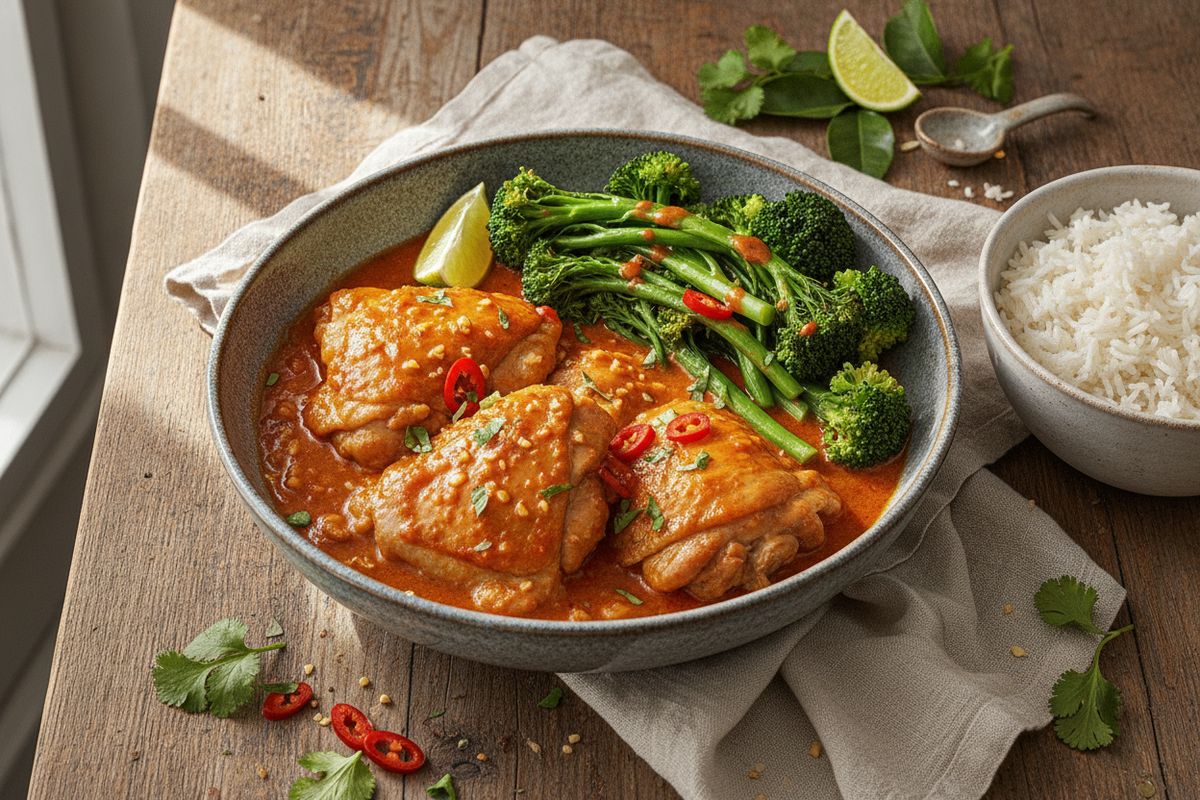 Pehmeä ja tulinen kana gochujang-kookoskastikkeessa – haudutettuna maukkaaksi, tarjoiltuna riisin ja parsakaalin kanssa.