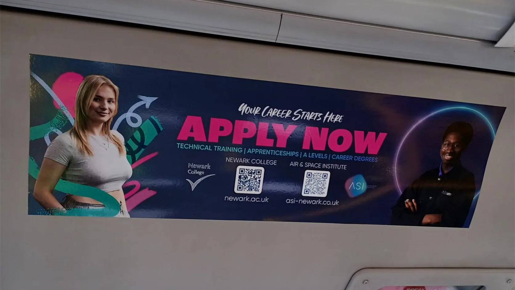 Newark College Apply Now advertising panel inside a Nottingham City Transport bus