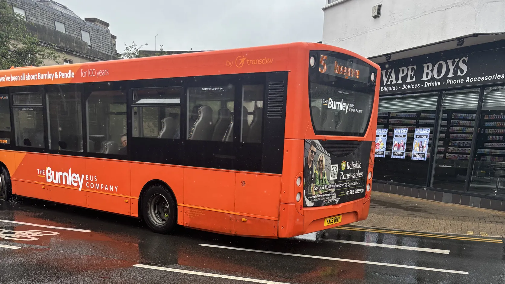 Reliable Renewables advertising on the rear of a Burnley Bus Company bus