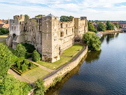 Aerial view of the ruined Newark Castle beside the River Trent