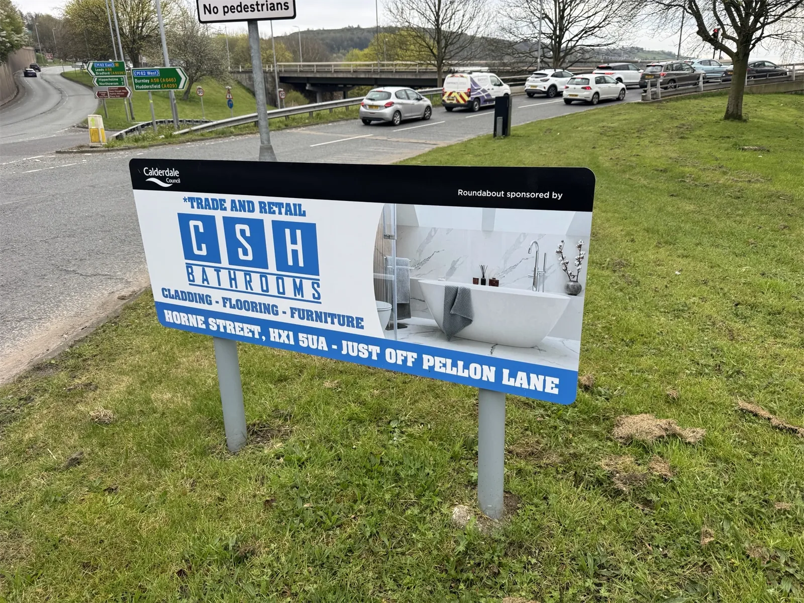 CSH Bathrooms roundabout sponsorship sign in Halifax