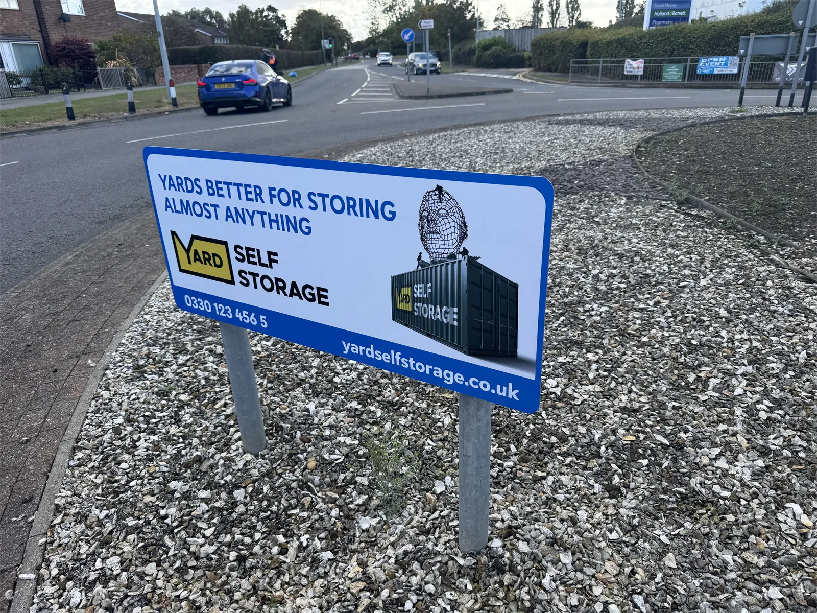 Yard Self Storage roundabout sponsorship sign in County Durham