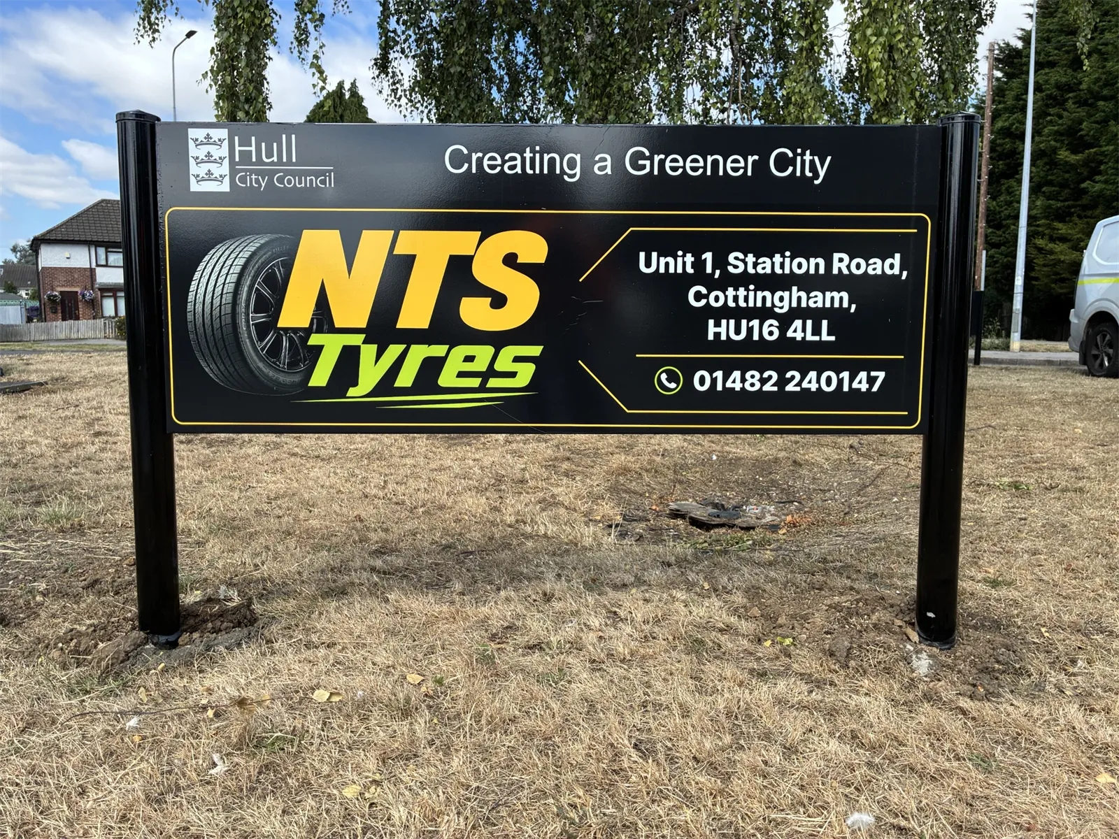 NTS Tyres roundabout sponsorship sign in Hull