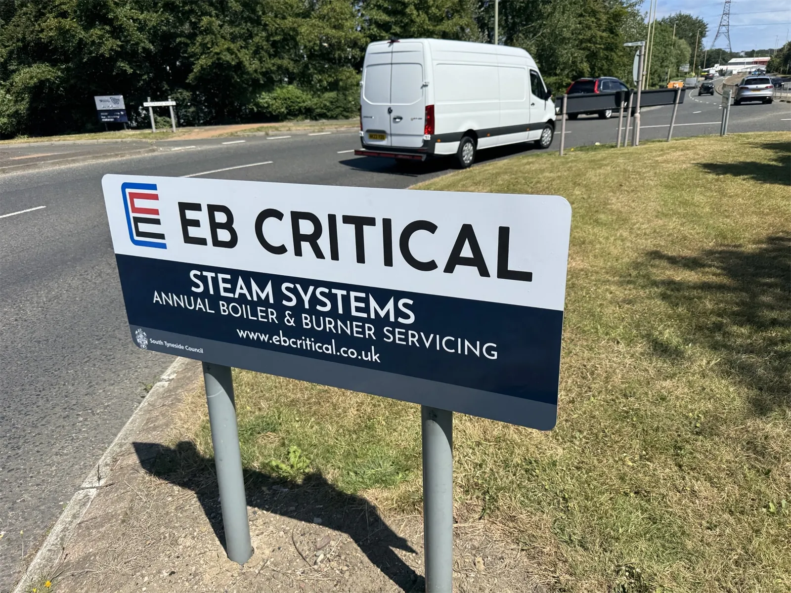 EB Critical roundabout sponsorship sign in South Tyneside