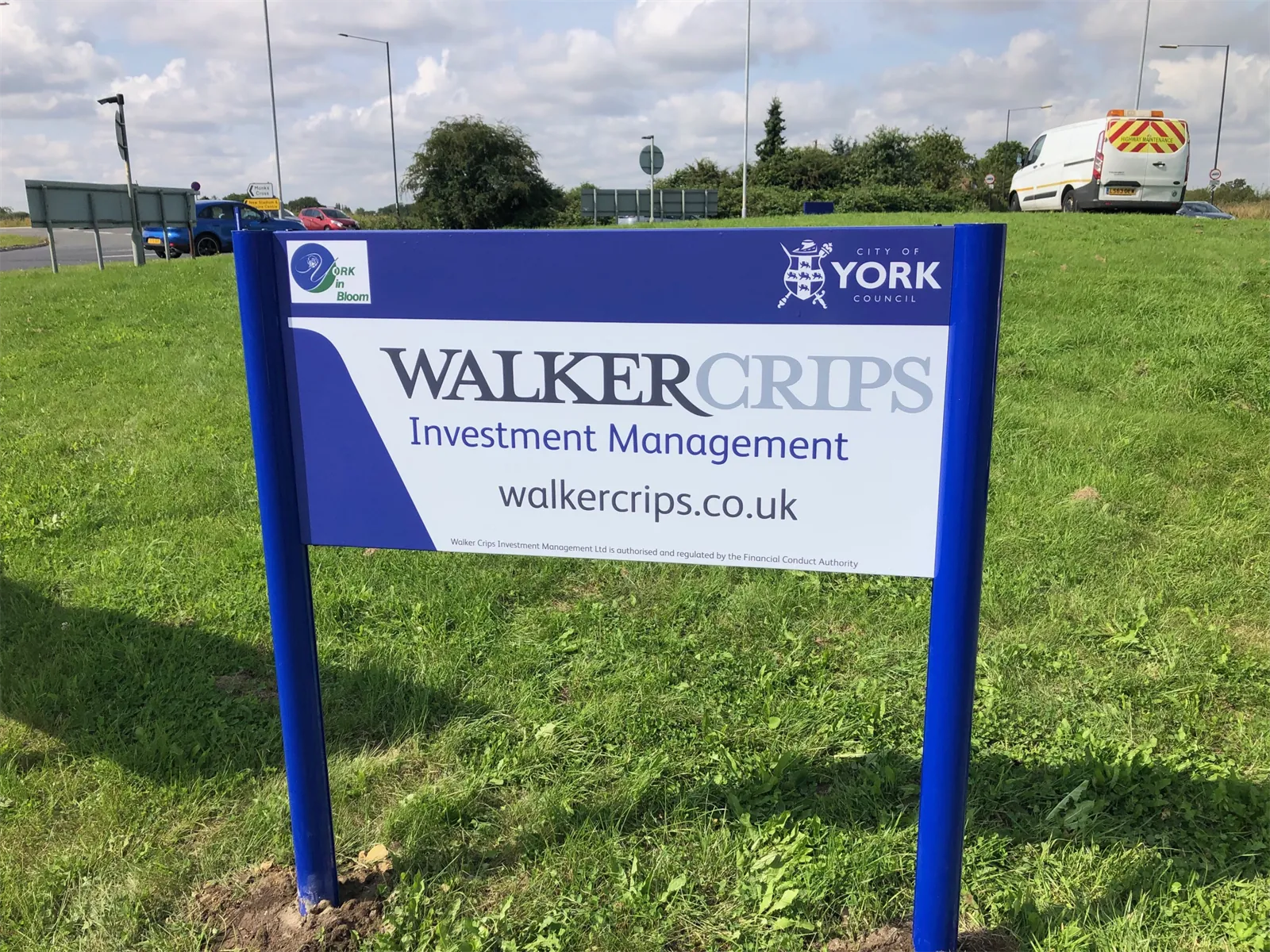 Walker Crips roundabout sponsorship sign in York